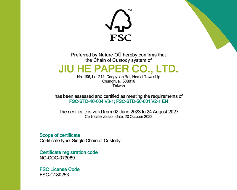 JIU HE PAPER FSC-COC (FSC-C180253)
